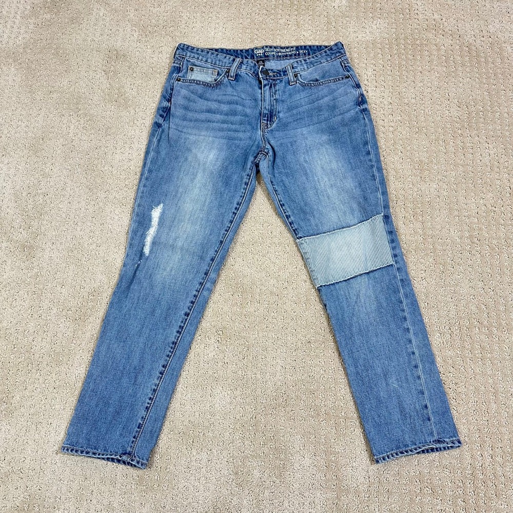 Gap 1969 Sexy Boyfriend Jeans Womens 6/28 Blue Denim Pants Distressed Patches
